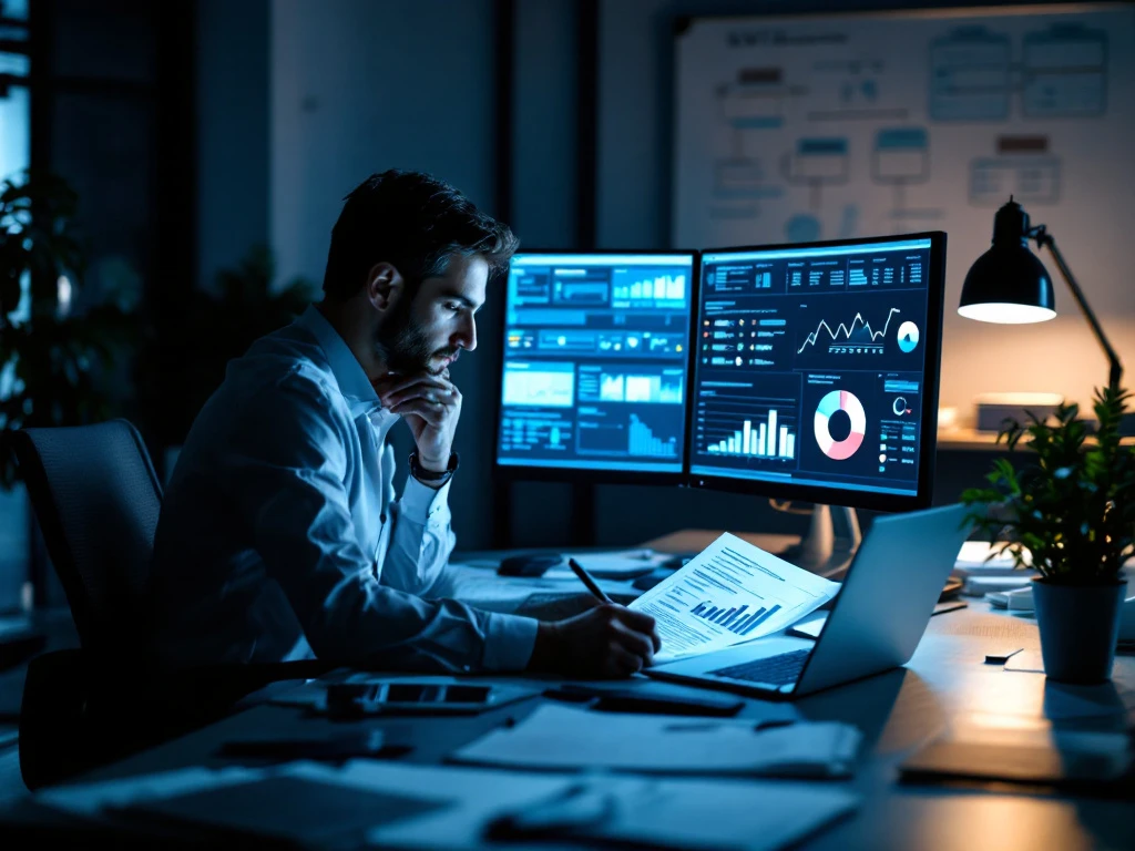 Data-analist bestudeert onderzoeksrapport aan bureau met dual monitors vol statistische grafieken en georganiseerde materialen