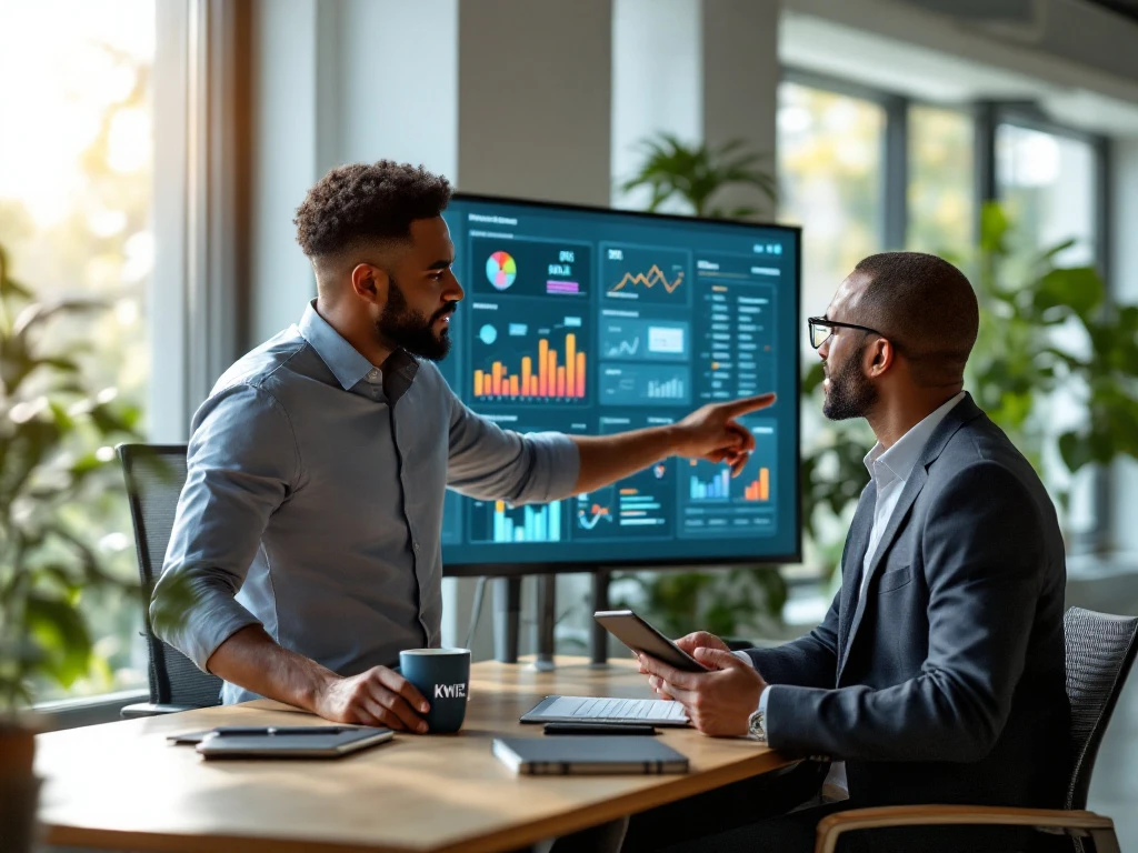 Dataspecialist en beleidsmedewerker bespreken ROI-grafieken en prestatie-indicatoren op touchscreen in modern kantoor
