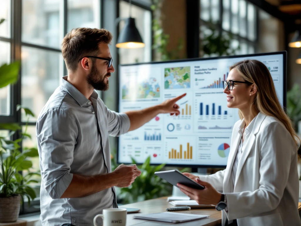 Dataspecialist en beleidsmedewerker bespreken dashboards en grafieken op touchscreen in modern kantoor