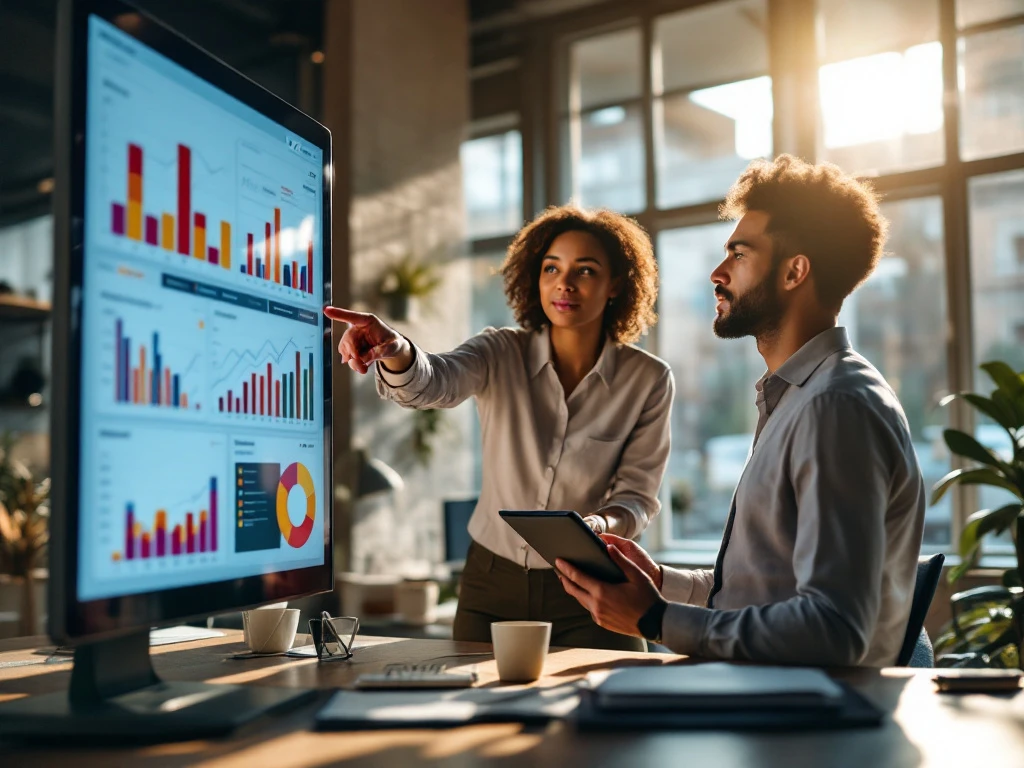 Twee professionals bekijken samen beleidsdashboards op een groot touchscreen in een modern kantoor met natuurlijk licht