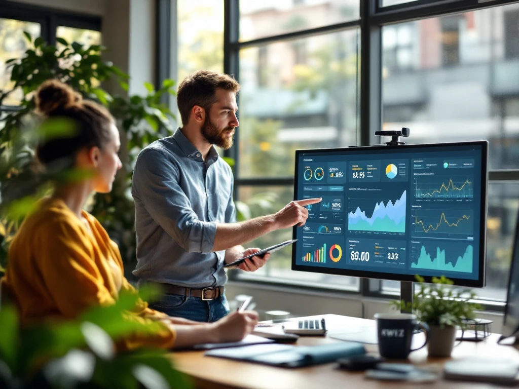 Data specialist en beleidsmedewerker bespreken dashboards met grafieken en kaarten op touchscreen in modern kantoor