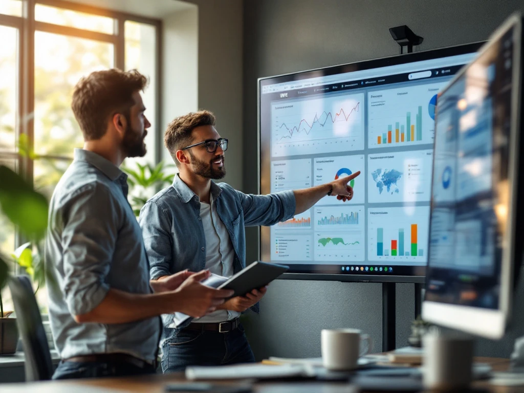 Data specialist en beleidsmedewerker bespreken sociale domein dashboards op touchscreen in modern kantoor