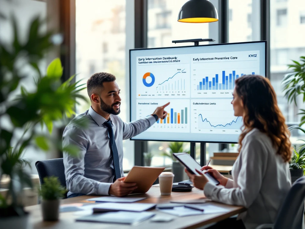 Datagespecialist en beleidsmedewerker bespreken preventieve zorg dashboards op touchscreen in modern kantoor