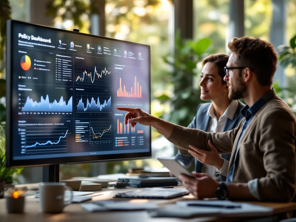 Dataspecialist en beleidsmedewerker bespreken sociale indicatoren op touchscreen dashboard in modern kantoor