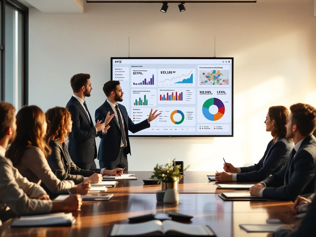 KWIZ presentator toont gemeentelijke beleidsdashboards met grafieken aan lokale bestuurders in professionele vergaderruimte