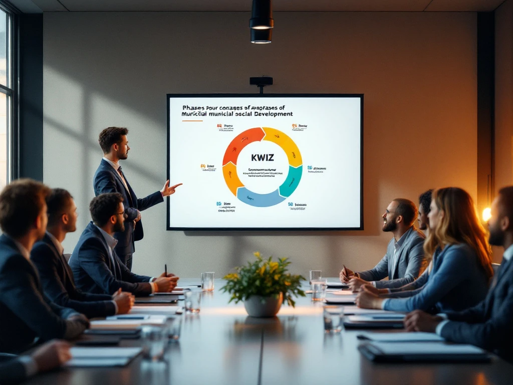 KWIZ presentator toont gemeentelijke ontwikkelingsfasen aan lokale bestuurders in professionele vergaderruimte