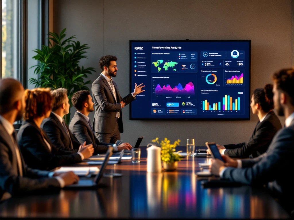 KWIZ-presentator toont dashboard analytics aan gemeenteambtenaren en beleidsmakers in professionele vergaderruimte