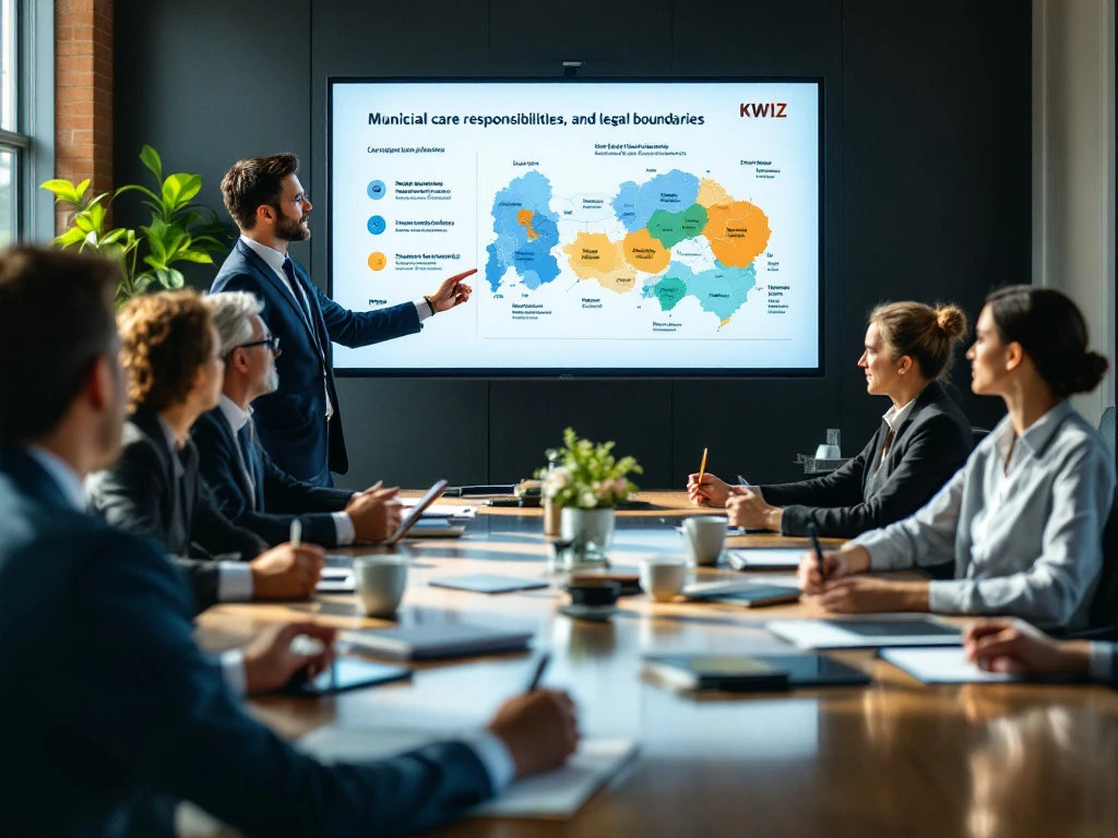 KWIZ-presentator toont gemeentelijke zorgverantwoordelijkheden aan lokale beleidsmakers in professionele vergaderruimte