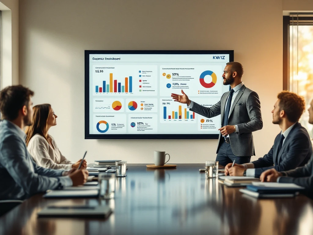 KWIZ-presentator toont interactief dashboard met grafieken aan beleidsmakers in vergaderruimte tijdens data-analyse sessie