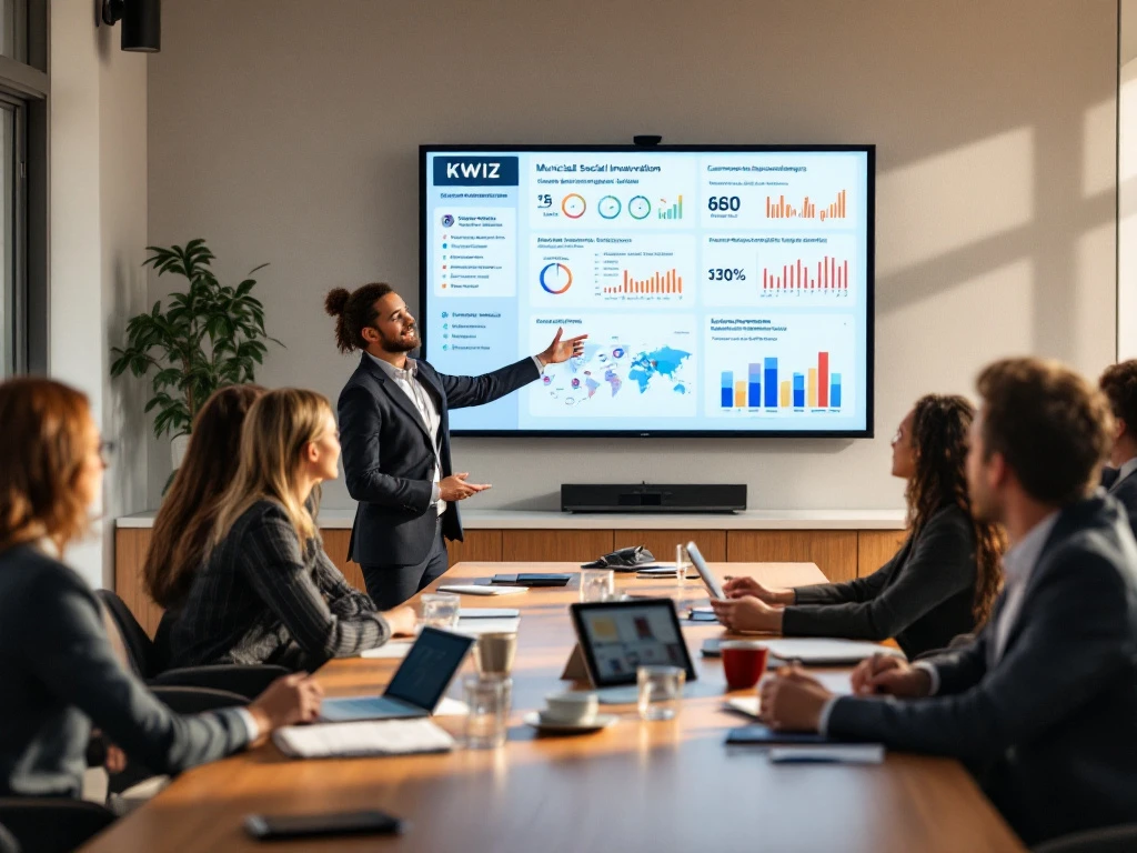 KWIZ-presentator toont gemeentelijke sociale innovatie dashboards aan lokale overheidsfunctionarissen in conferentieruimte