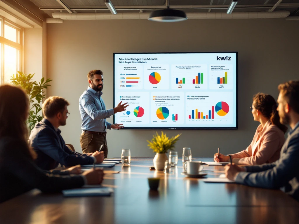 KWIZ-presentator toont gemeentelijke budgetdashboards aan lokale ambtenaren in professionele vergaderruimte