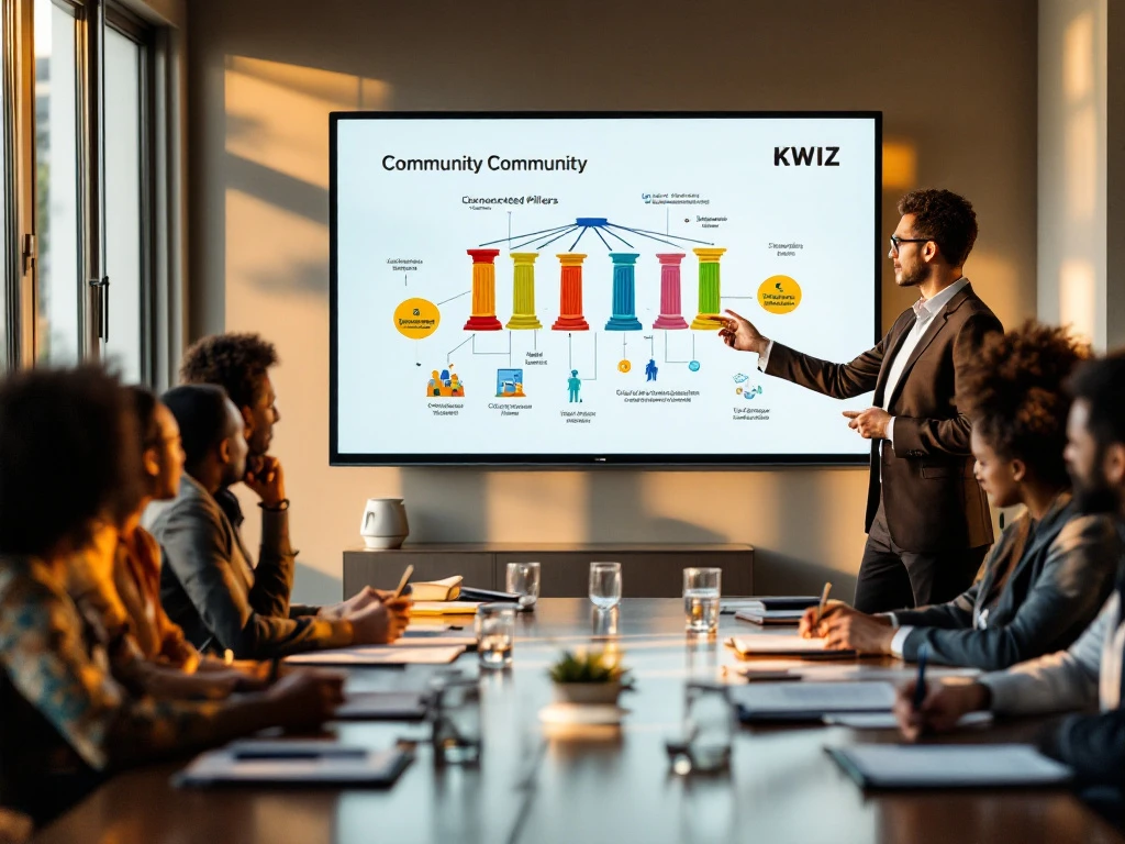 KWIZ-presentator toont gemeenschapsnetwerk infographics aan diverse lokale overheidsfunctionarissen in professionele vergaderruimte
