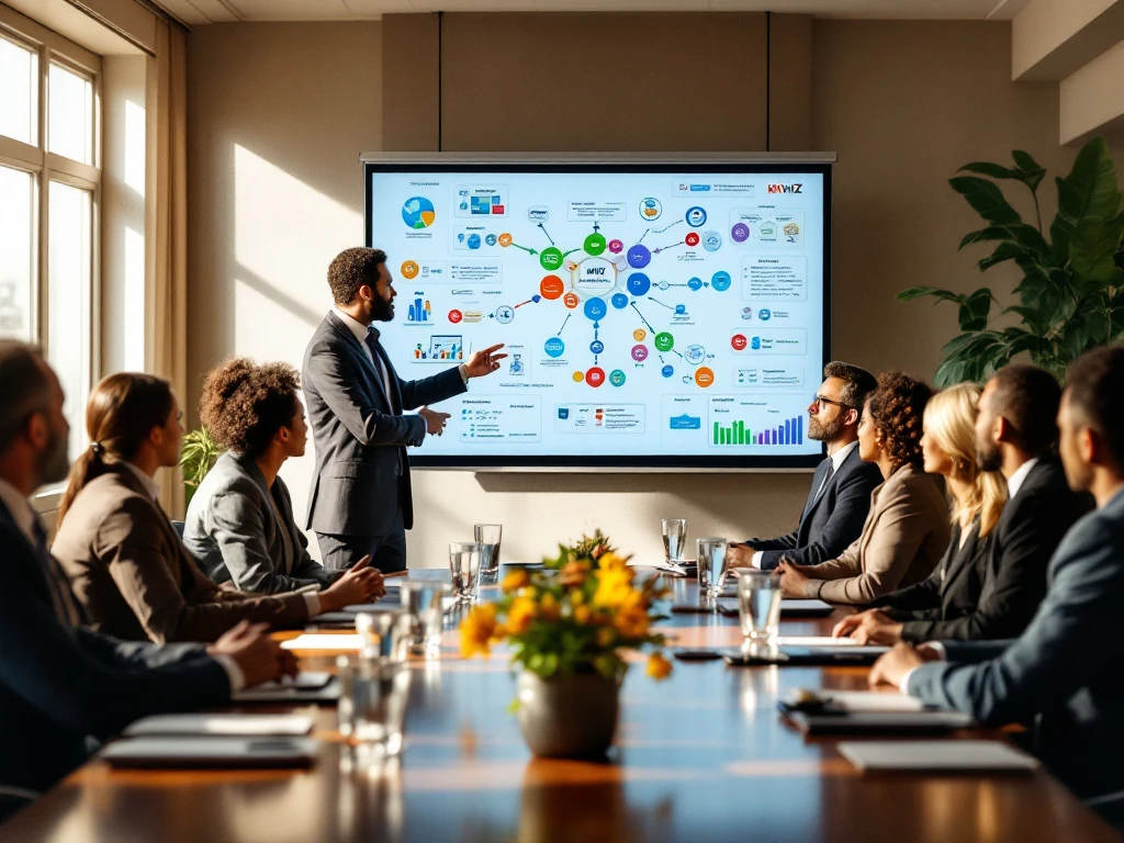 KWIZ-presentator toont netwerkdiagrammen aan diverse gemeentelijke functionarissen en zorgmanagers in professionele vergaderruimte