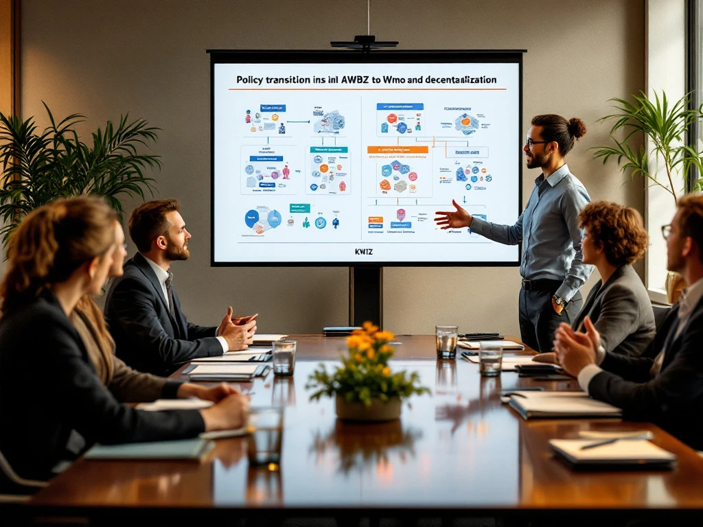 KWIZ-presentator legt AWBZ naar Wmo-overgang uit aan gemeenteambtenaren en zorgmanagers in moderne vergaderruimte
