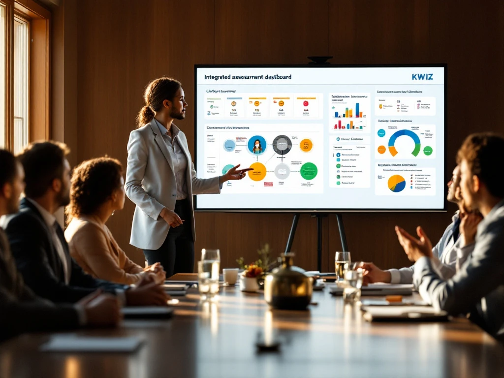 KWIZ-presentator toont geïntegreerd zorgdashboard aan zorgprofessionals in moderne vergaderruimte