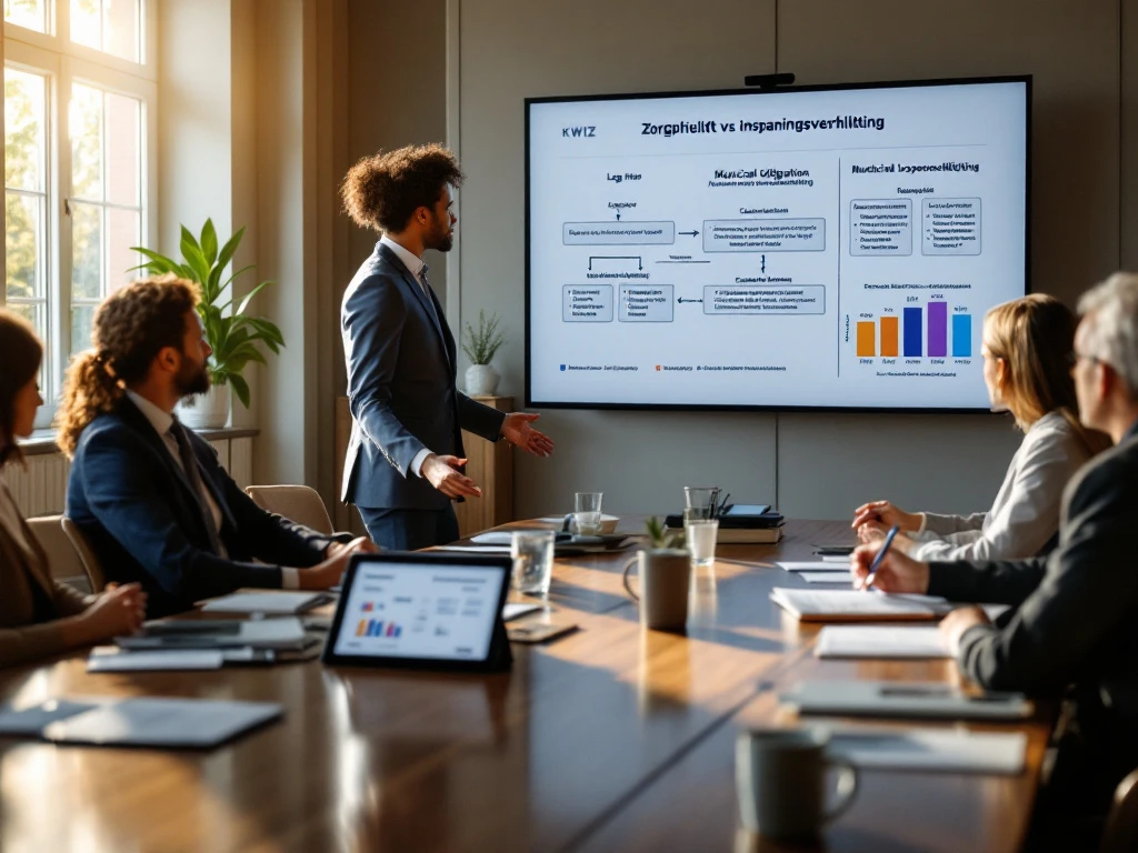 KWIZ-presentator toont juridische kaders aan gemeenteambtenaren en zorgmanagers in professionele vergaderruimte