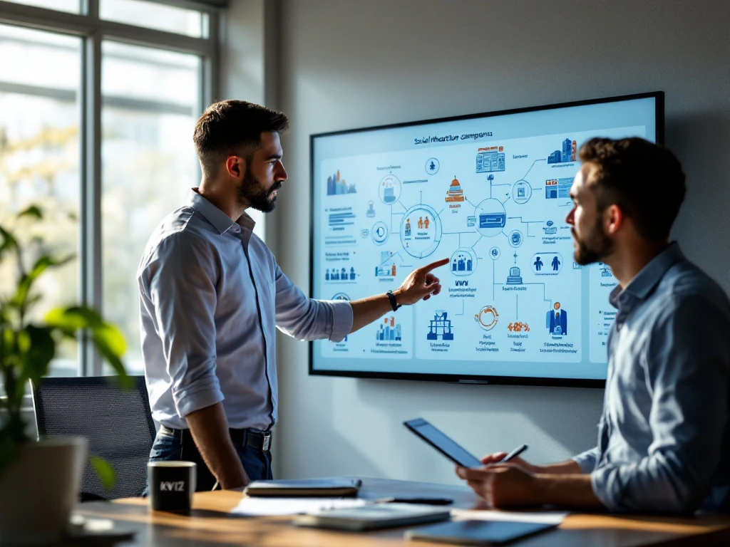 Dataspcialist en beleidsmedewerker bespreken sociale infrastructuur infographics op touchscreen in modern kantoor