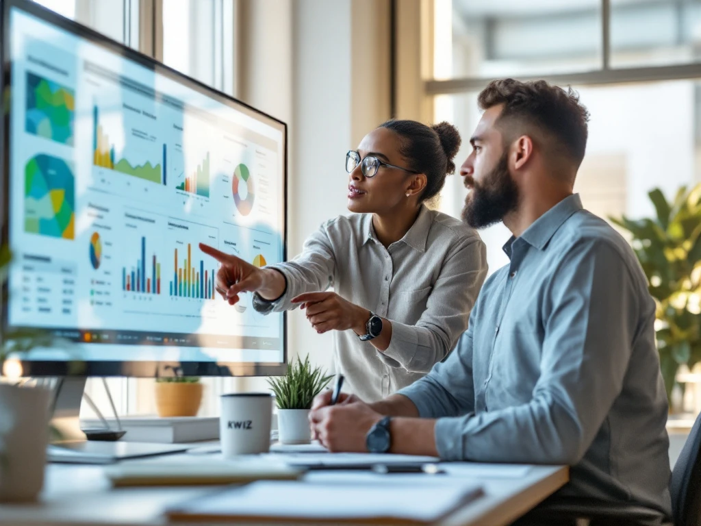 Twee professionals bespreken sociale domein dashboards op touchscreen in modern kantoor, één wijst naar grafieken