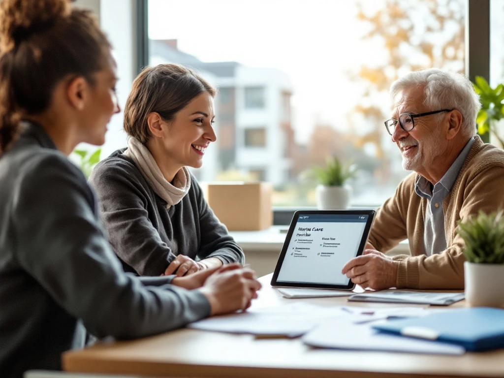 Zorgcoördinator bespreekt zorgopties met oudere cliënt en familie in moderne kantoor met informatiebrochures