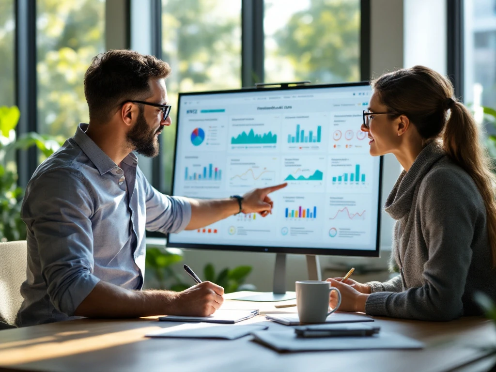 Dataspecialist en beleidsmedewerker bespreken persoonlijke zorgdashboards op touchscreen in modern kantoor met daglicht