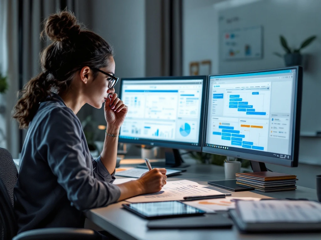 Zorgprofessional beoordeelt cliëntdossiers aan bureau met dubbele monitoren en zorgplanningssoftware op tablet