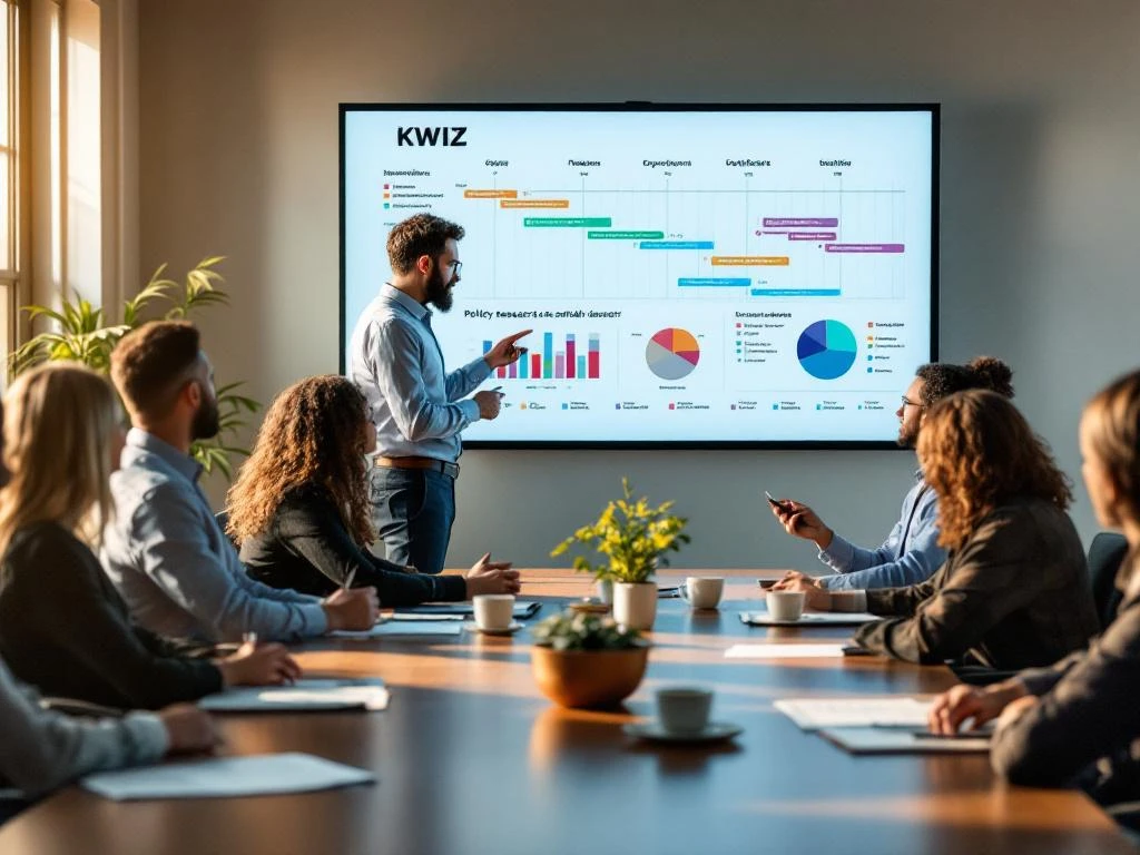 KWIZ presentator toont onderzoekstijdlijnen aan gemeenteambtenaren in professionele vergaderruimte met datavisualisaties