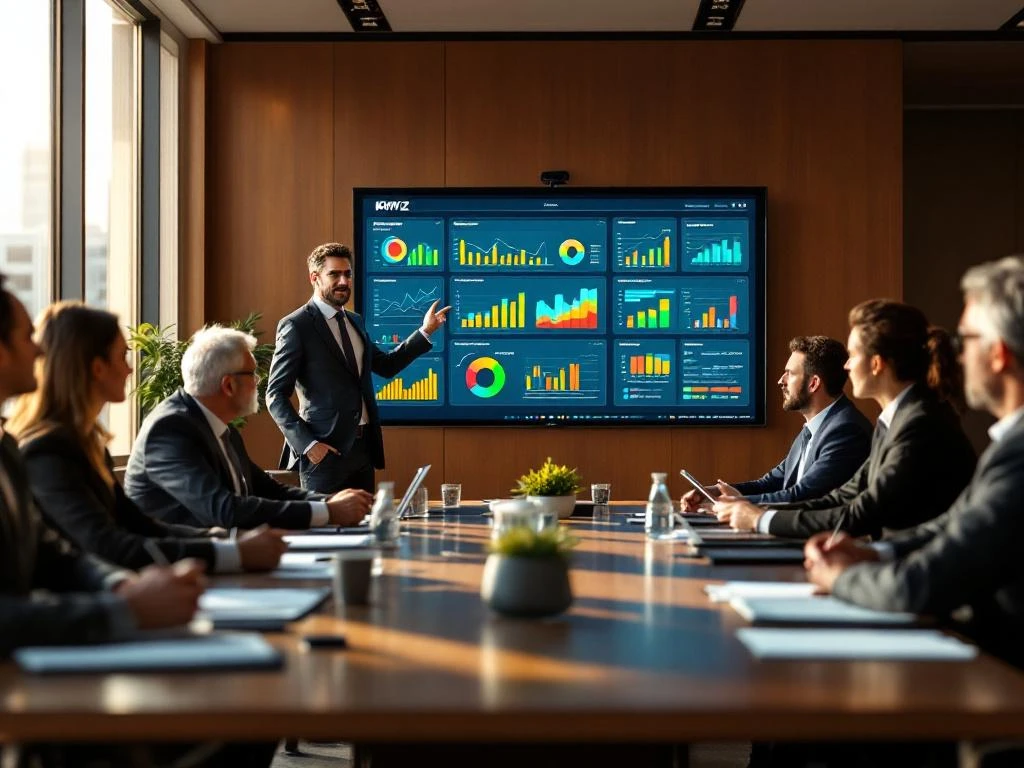 KWIZ-presentator toont beleidsdashboards en statistieken aan ambtenaren in professionele vergaderruimte