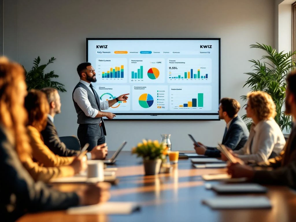 KWIZ-presentator toont beleidsonderzoek dashboards aan gemeenteambtenaren in professionele vergaderruimte