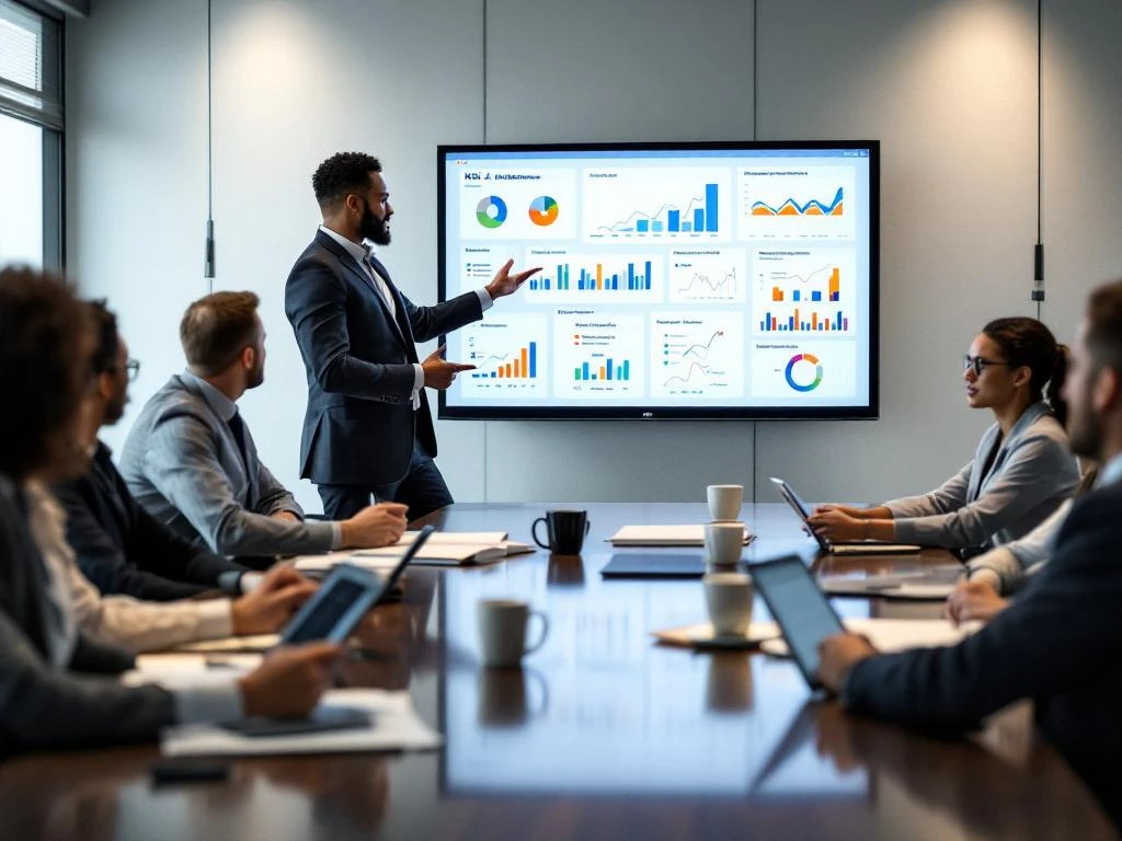 KWIZ-presentator toont ROI-analysegrafieken aan lokale overheidsambtenaren in moderne vergaderruimte