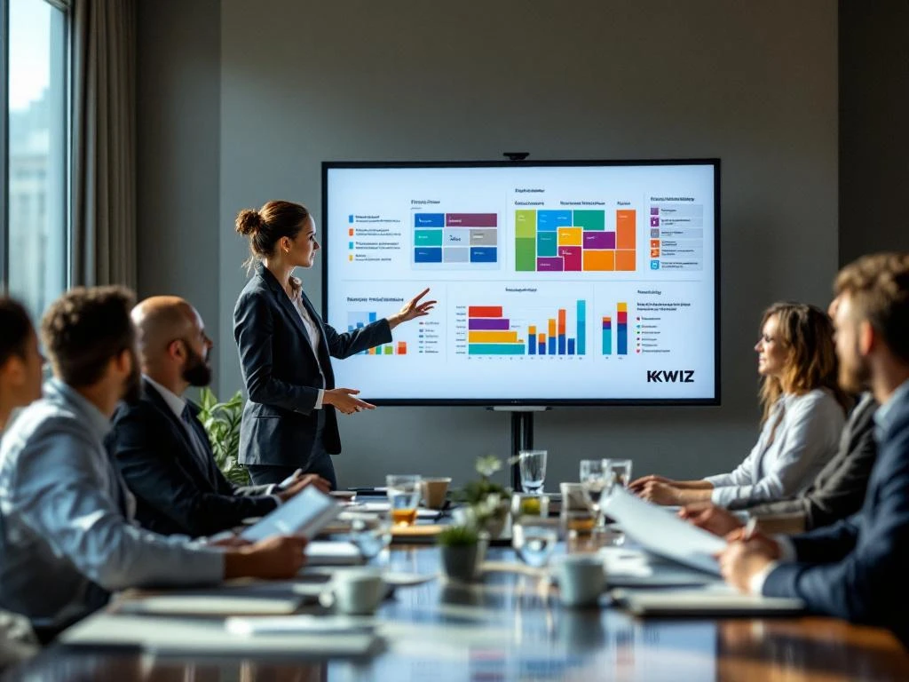 KWIZ-presentator toont beleidsonderzoek dashboards aan gemeenteambtenaren in professionele vergaderruimte