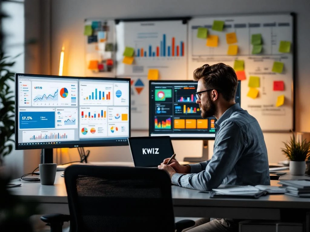 Data-analist werkt aan KPI-dashboards op dual monitors in modern kantoor met rapporten en whiteboard op achtergrond