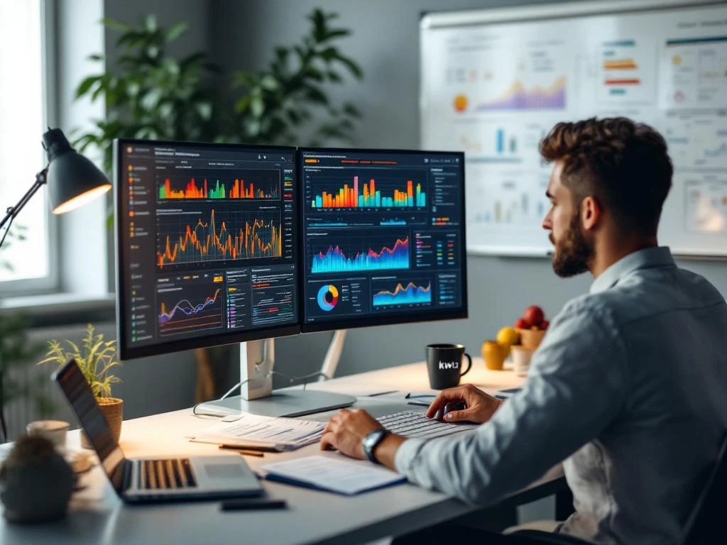 Data-analist werkt aan bureau met twee monitoren met KPI-dashboards, grafieken en rapporten, KWIZ logo zichtbaar op laptop