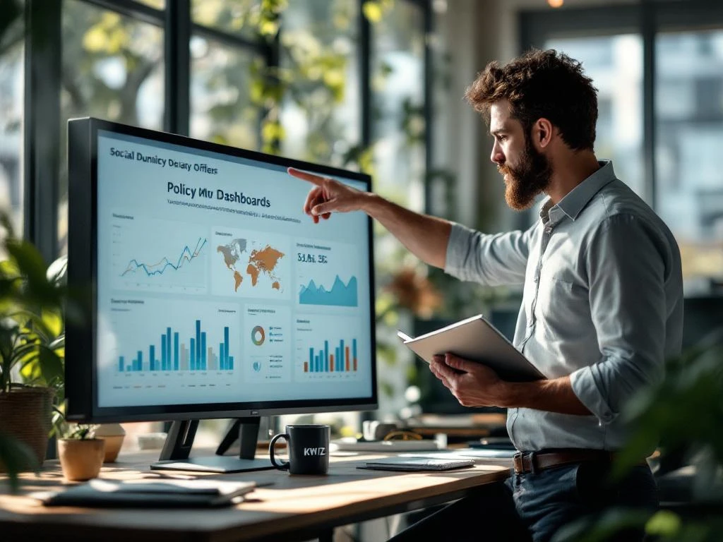 Data specialist en beleidsmedewerker bespreken grafieken en kaarten op touchscreen in modern kantoor