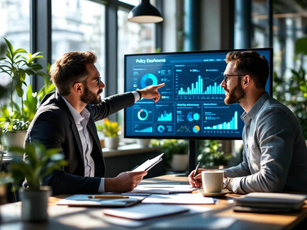 Twee professionals bespreken beleidsdashboards op touchscreen in modern kantoor met natuurlijk licht en planten
