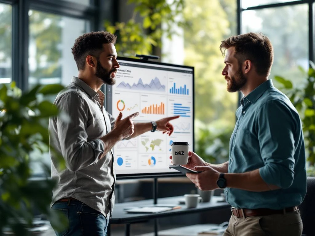 Dataspecialist en beleidsmedewerker bespreken beleidsdashboards op touchscreen in modern kantoor met daglicht