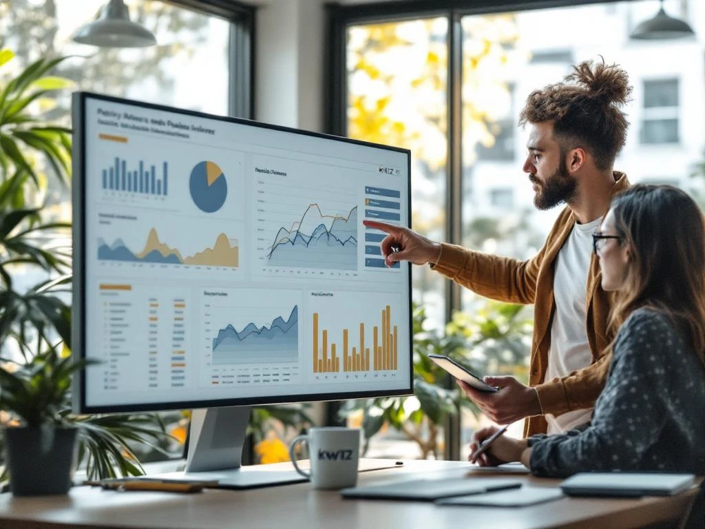 Dataspecialist en beleidsmedewerker bespreken grafieken op touchscreen in modern kantoor met daglicht