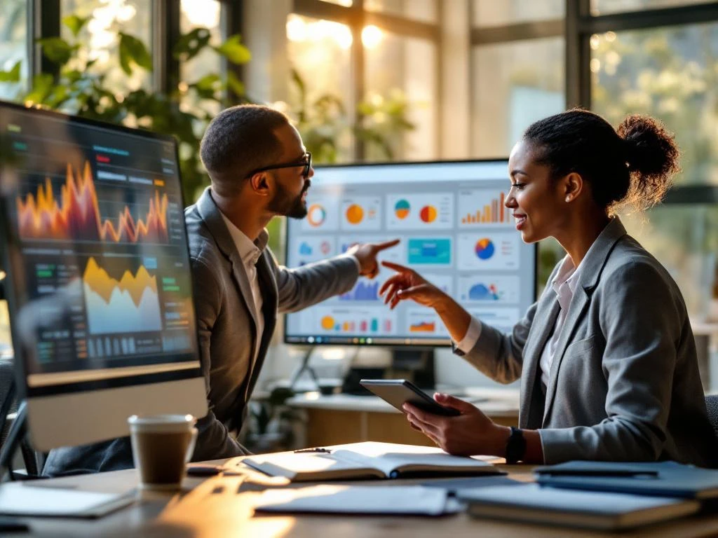 Twee professionals bespreken KPI-dashboards op touchscreen in modern kantoor, beleidsmedewerker houdt tablet vast