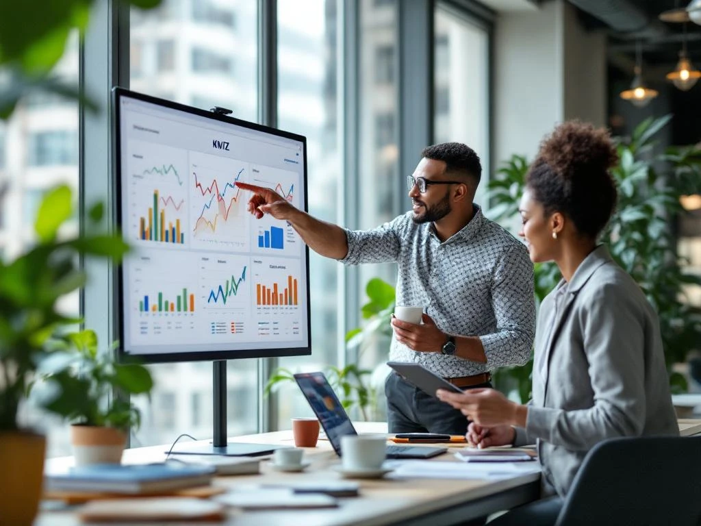 Data specialist en beleidsmedewerker bespreken grafieken op touchscreen in modern kantoor met KWIZ logo op beker