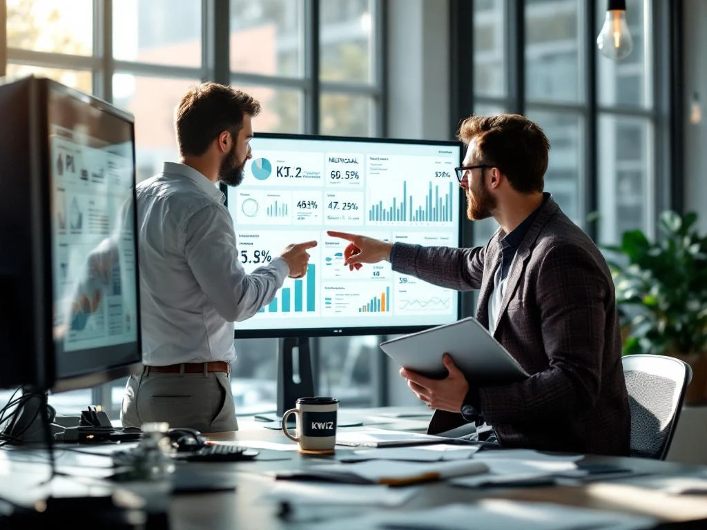 Dataspecialist en beleidsmedewerker bekijken KPI-dashboards met IT-infrastructuurmetrieken op touchscreens in modern kantoor