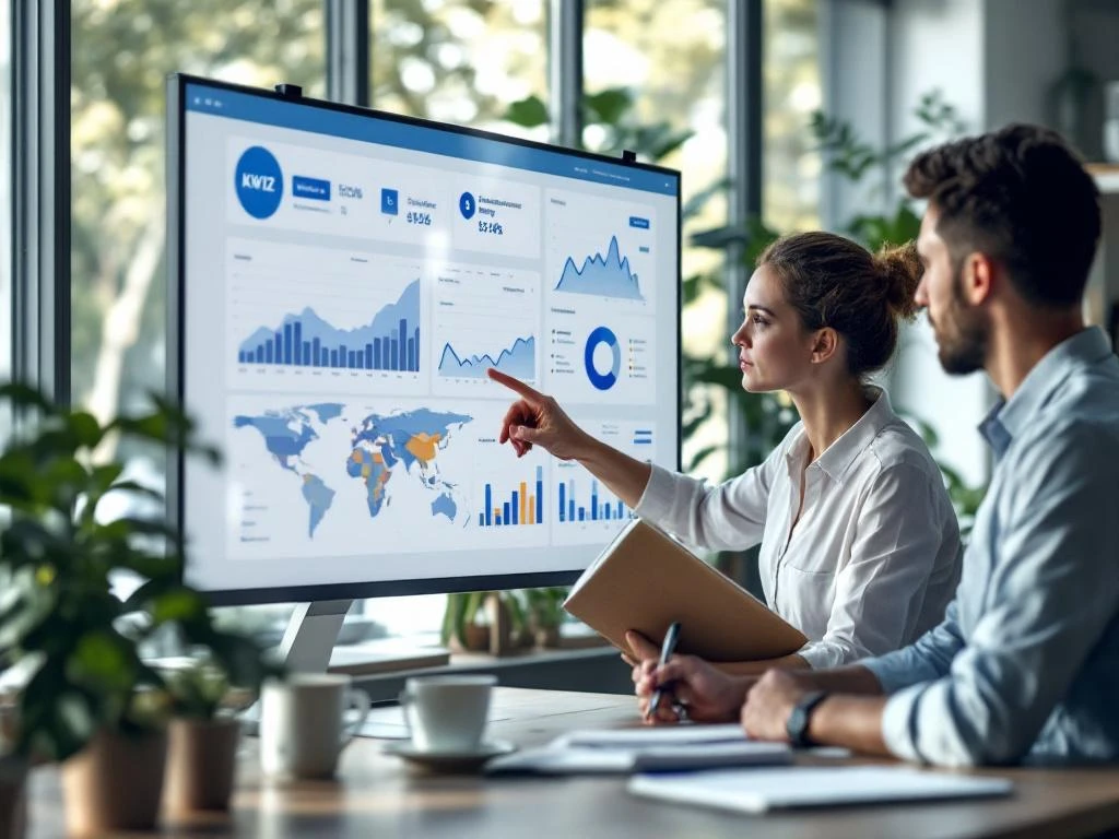 Dataspecialist en beleidsmedewerker bespreken trends op touchscreen dashboard in modern kantoor met daglicht