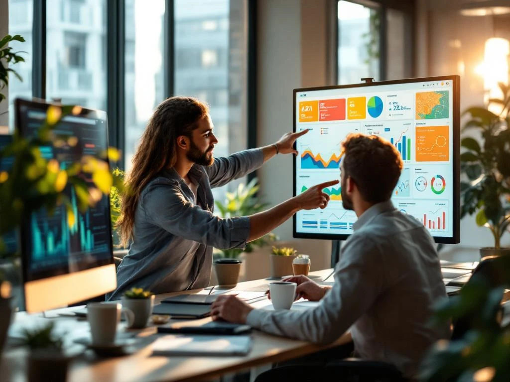 Twee professionals bekijken KPI-dashboards op touchscreen in modern kantoor met grafieken over sociale domein indicatoren