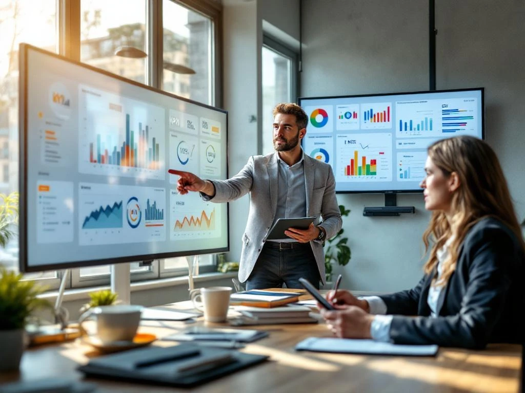 Datagespecialist en beleidsmedewerker bespreken KPI-dashboards op touchscreens in modern kantoor met KWIZ-logo