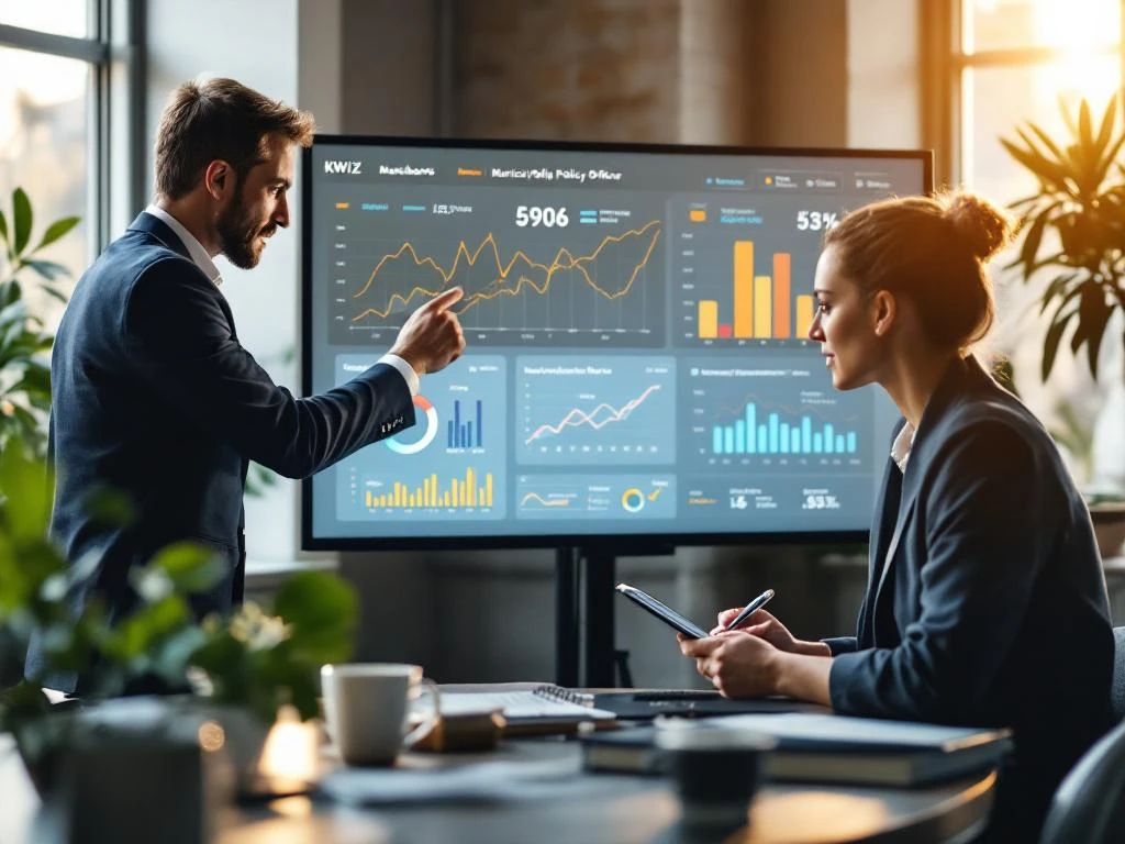 Twee professionals analyseren KPI-dashboards op touchscreen in modern kantoor, specialist wijst naar grafieken terwijl collega notities maakt