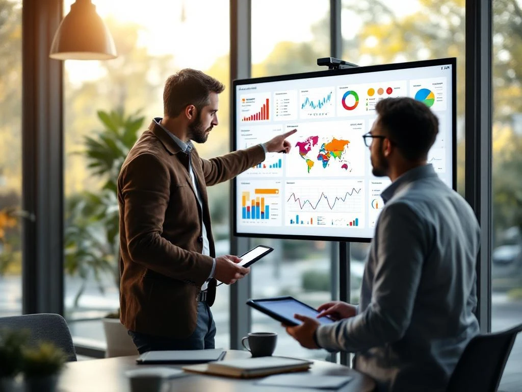 Twee professionals bespreken KPI-dashboards op touchscreen in modern kantoor, data-specialist wijst naar grafieken