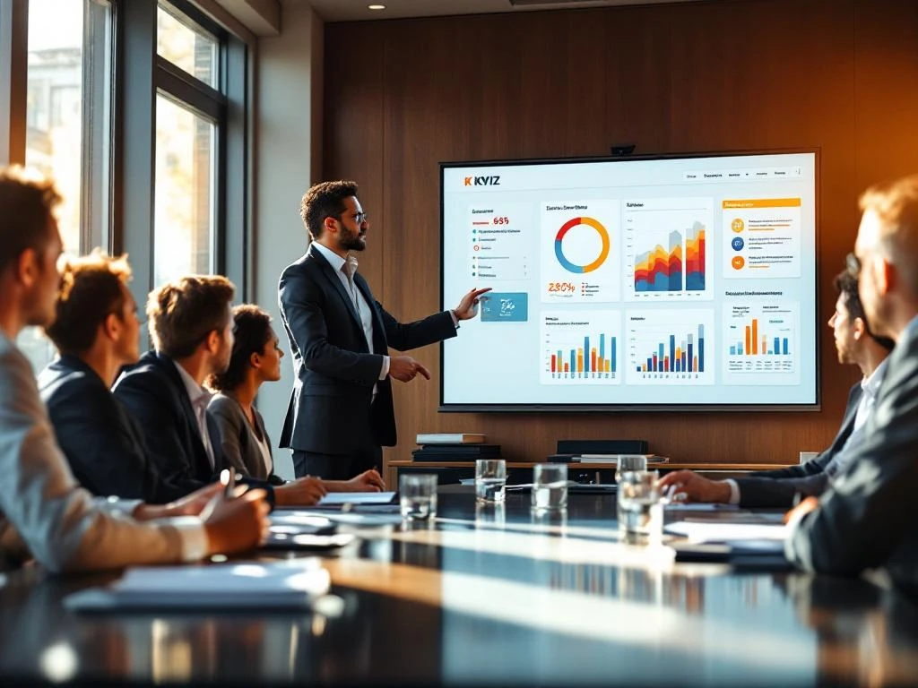 KWIZ-presentator toont gemeentelijke beleidsdashboards aan lokale bestuurders in professionele vergaderruimte