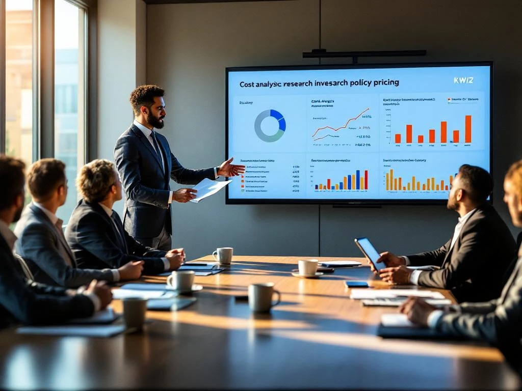 KWIZ-presentator toont kostenanalyse grafieken aan gemeenteambtenaren in professionele vergaderruimte