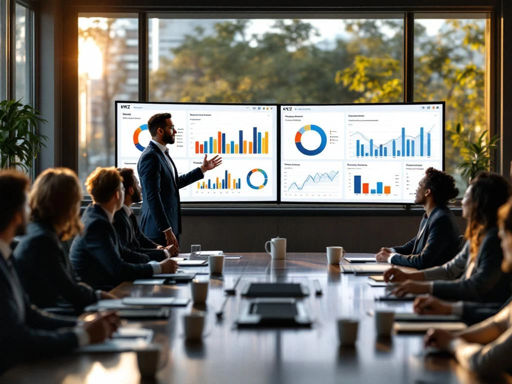 KWIZ-presentator toont operationele en strategische KPI-dashboards aan gemeenteambtenaren in vergaderruimte