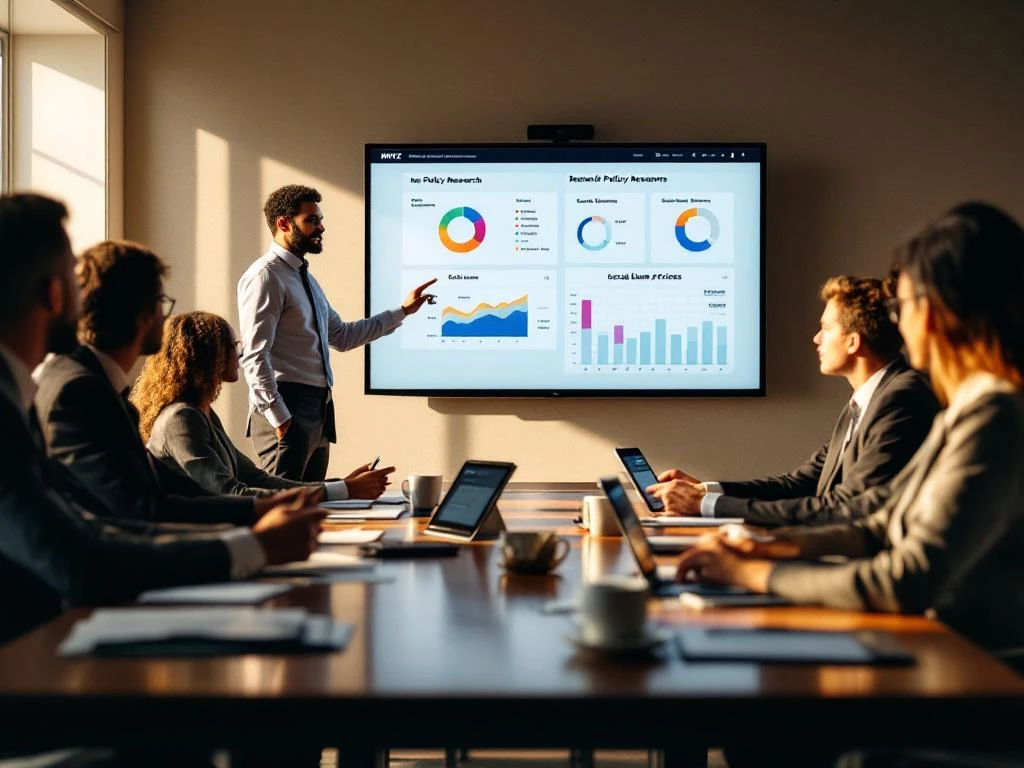 KWIZ presentator toont beleidsonderzoek dashboards aan gemeenteambtenaren in professionele vergaderruimte