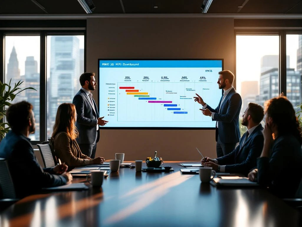 KWIZ-presentator toont KPI-dashboard aan gemeenteambtenaren in moderne vergaderruimte met Gantt-schema op scherm