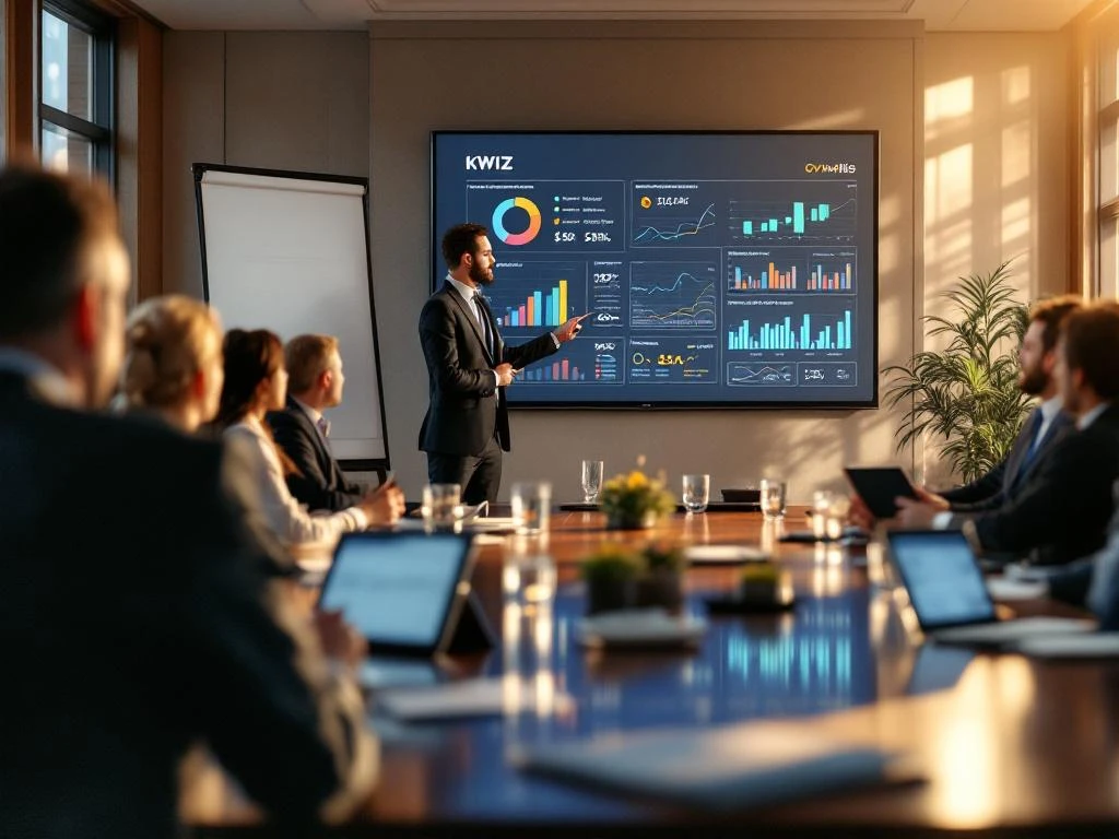 KWIZ-presentator toont KPI-dashboard met financiële analyses aan lokale overheidsfunctionarissen in vergaderruimte